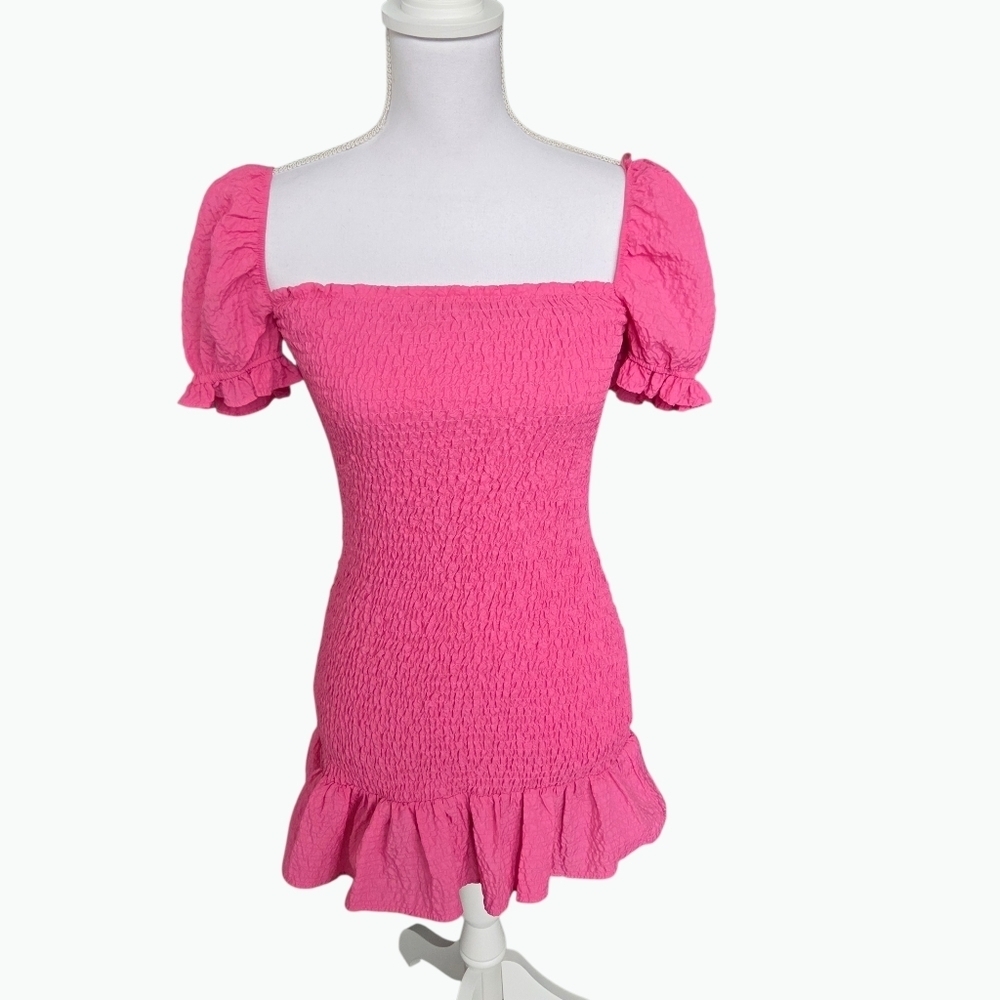 Zara Smocked Ruffle Mini Dress Pink XSmall - Picture 2 of 6